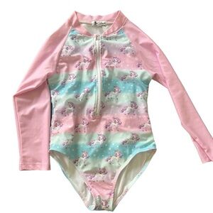334-Pink and blue unicorn print one piece swimsuit. Full sleeve coverage